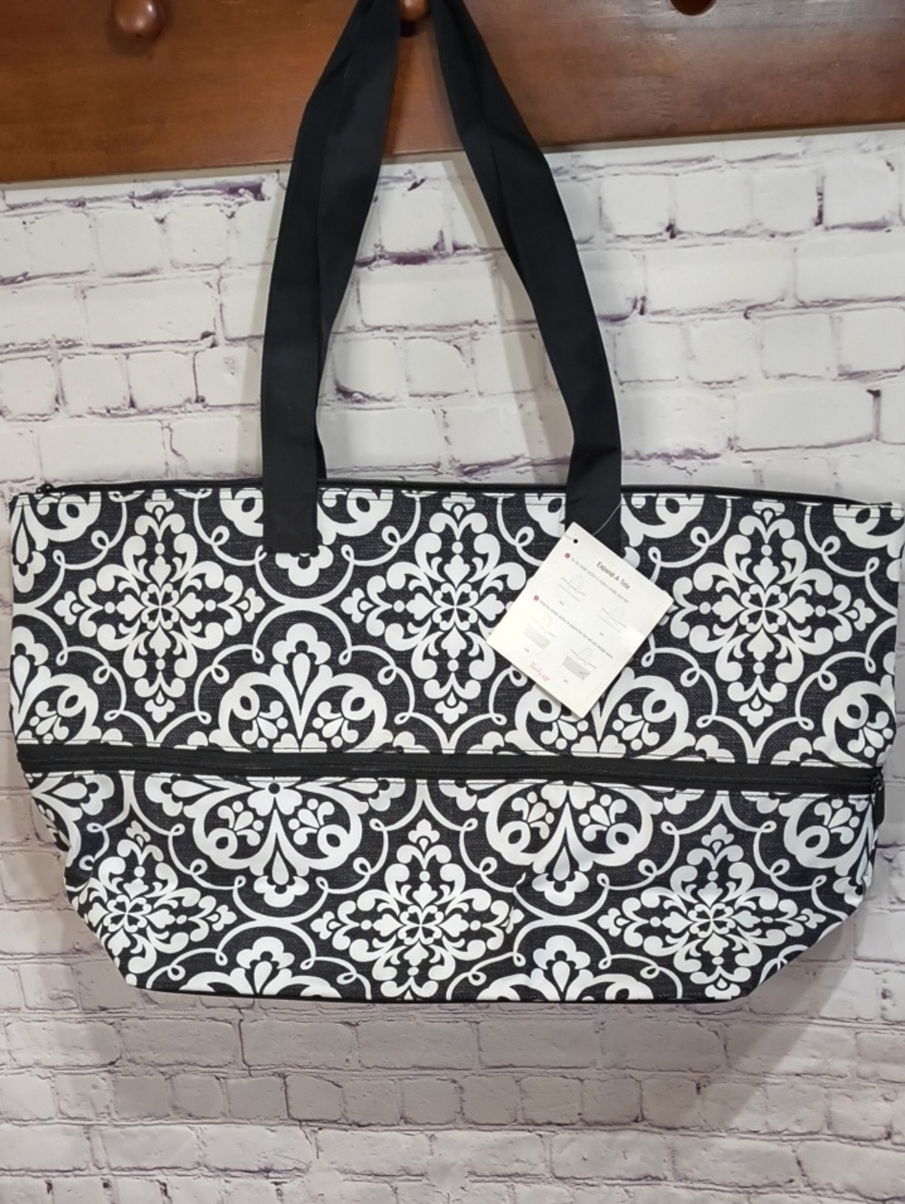 Black/White Patterned Expand-A-Tote Bag with Zipper Wrap Around To Longate AR